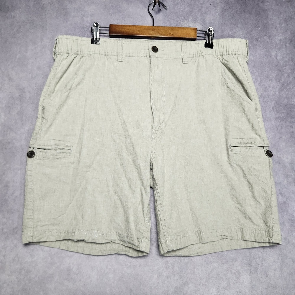 St Johns Bay Mens Cargo Shorts 40 Khaki Linen Cotton Stretch Elastic Waist